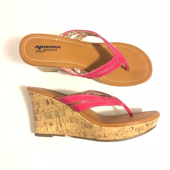 Pink Floral Tan Arizona Jeans Co Cork Wedges 8M - Picture 2 of 8